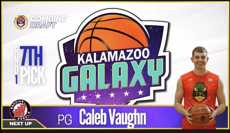 logo for Kalamazoo Galaxy basketball in center with picture of young man in uniform holding a basketball 