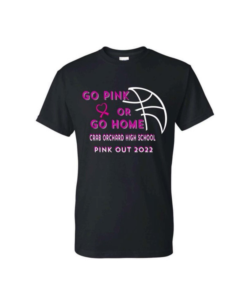 black t-shirt with pink words and white basketball outline
