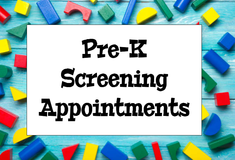 Blue background with shape blocks and Text: Pre-K Screening Appointments  