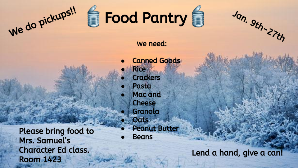 flyer for food pantry with a winter forest snow scene in the background