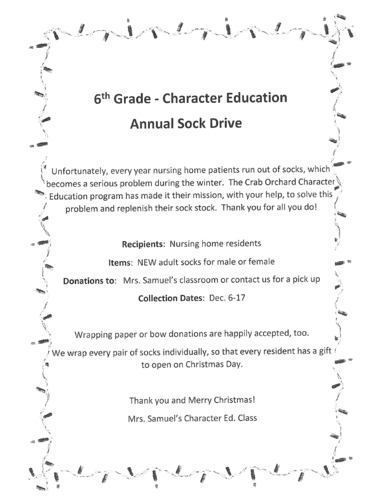 6th Grade Character Education Sock Drive with Christmas lights
