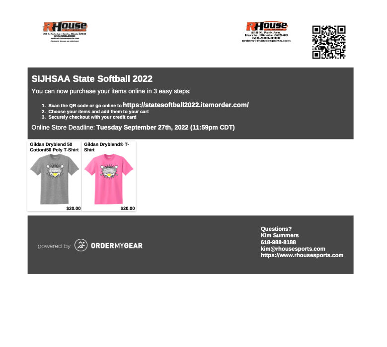 State Softball T-Shirt Order Information