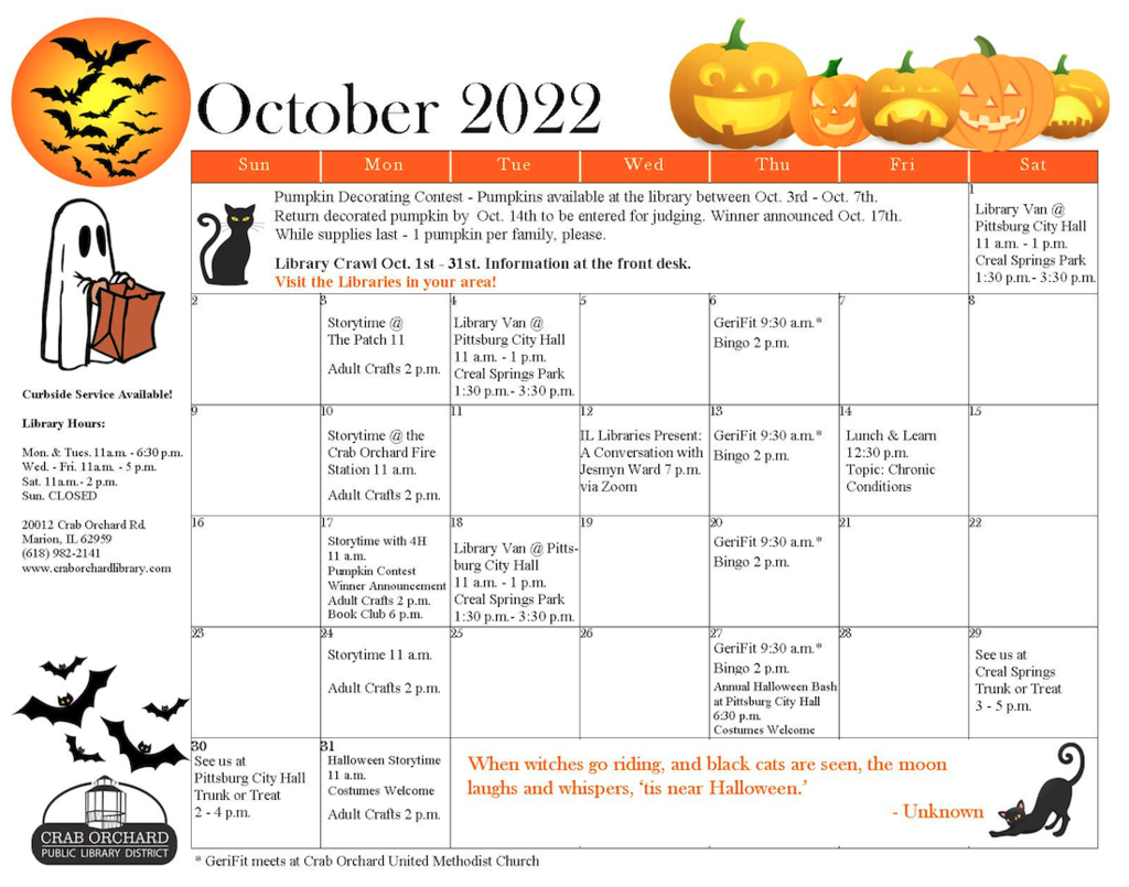 October calendar of events with pumpkins at the top