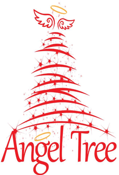 red outline of Christmas tree with halo and wings and the words "Angel Tree" under it