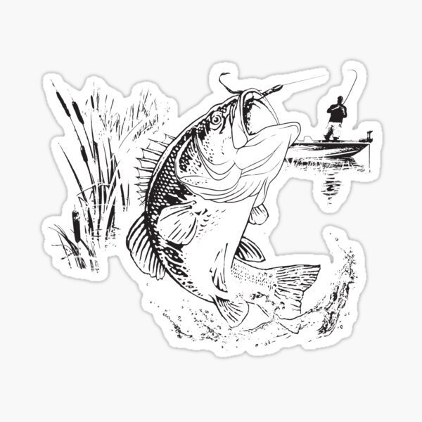 clipart of man in boat fishing and bass biting hook
