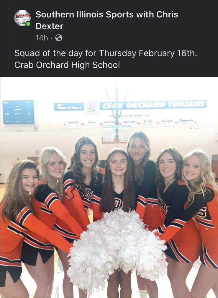 Seven cheerleaders with orange and black uniforms and white poms
