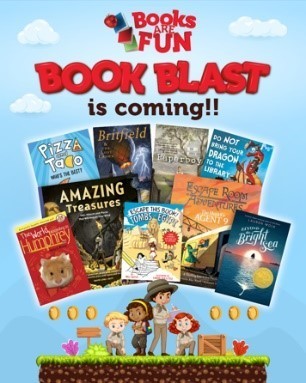 pictures of 9 children's book covers with cartoon kids and "Book Blast is coming"